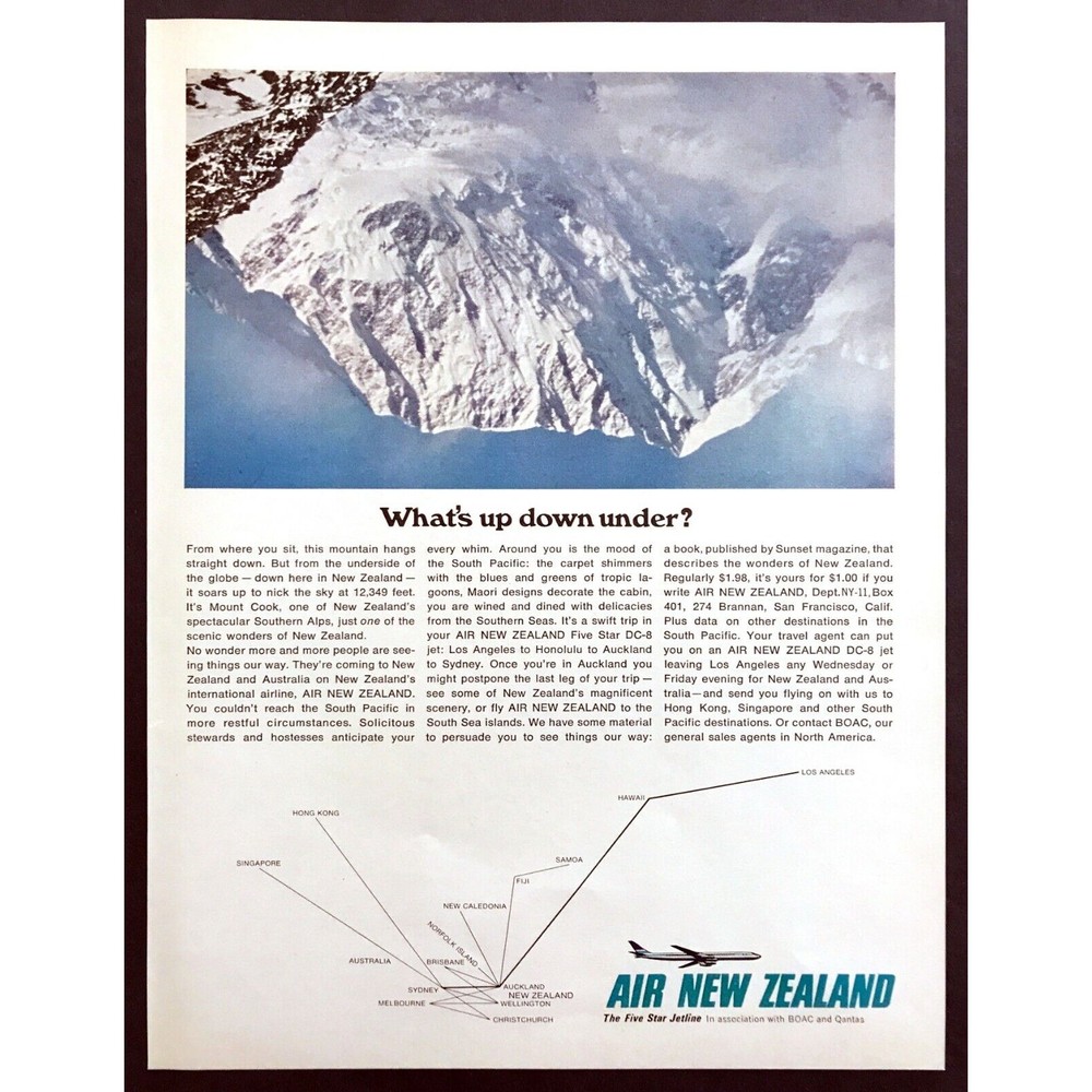 1966 Mount Cook aerial photo "What's Up?" Air New Zealand vintage print ad
